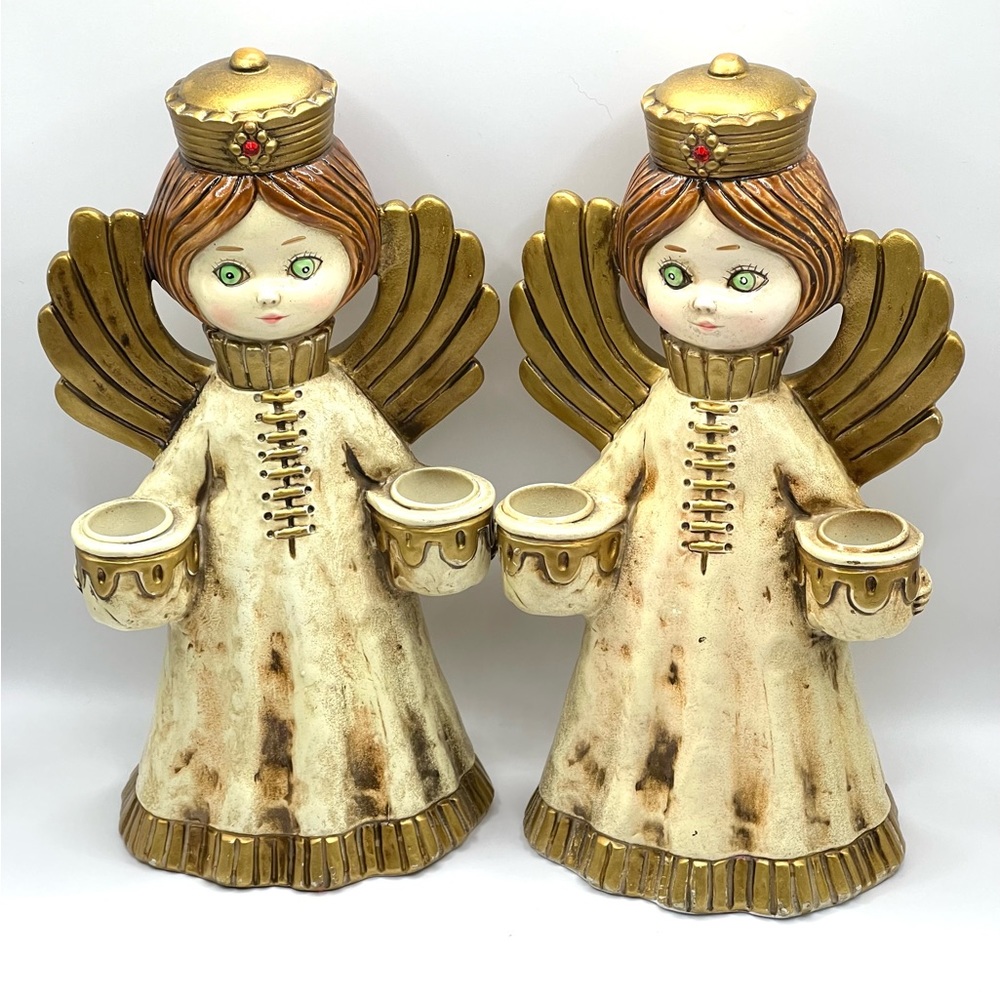Set of 2 Vintage MCM Handmade Clay Mold Angels Candle Holder Figurines